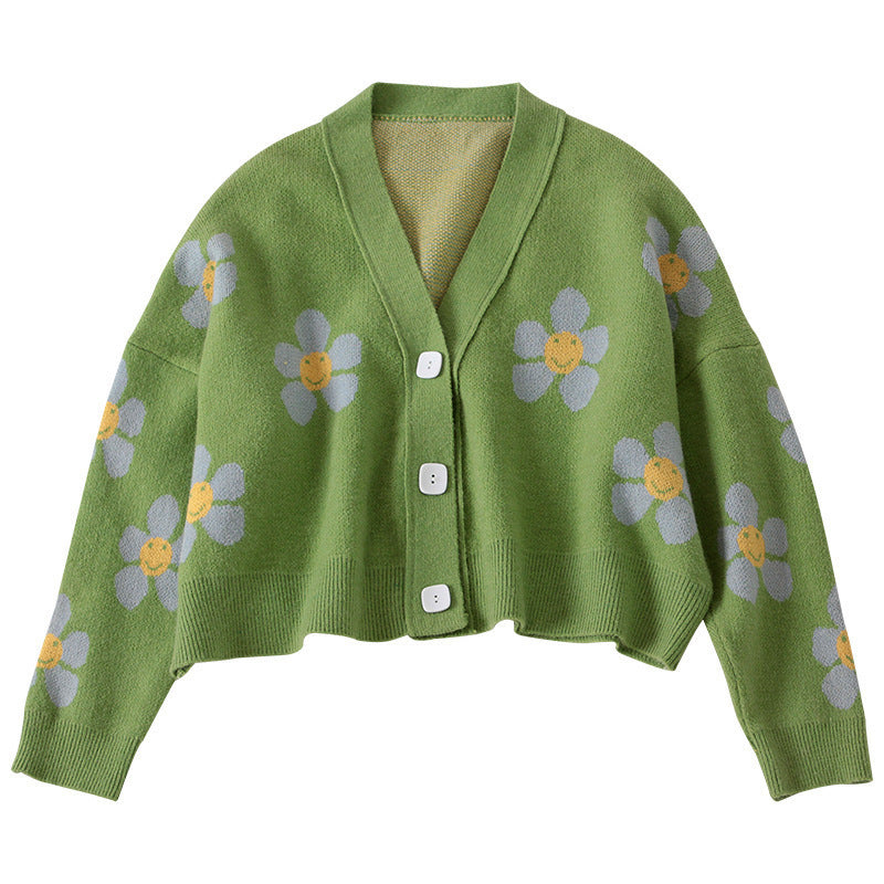 Short knitted women's jacket with a floral design and large buttons Lune London
