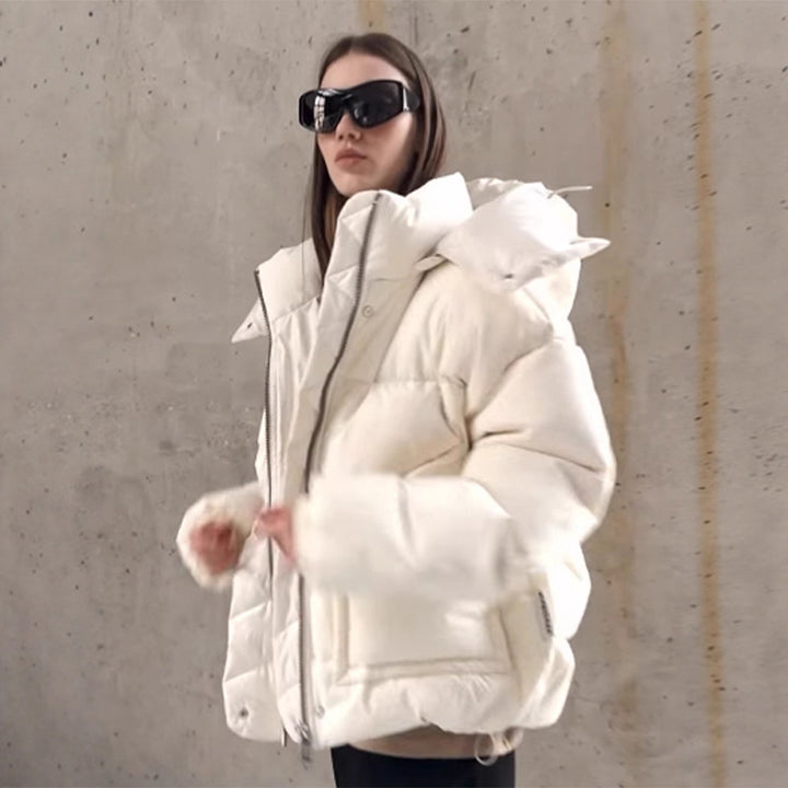 Women Oversize Quilted Puffer Jacket with extra high Stand-up Collar, double Front Zipper and boxy Silhouette Amarae