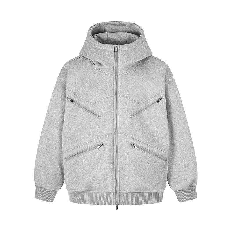 Women's Oversized Hooded Sweat Jacket with High Stand-Up Collar, Four Diagonal Zipper Pockets Amarae