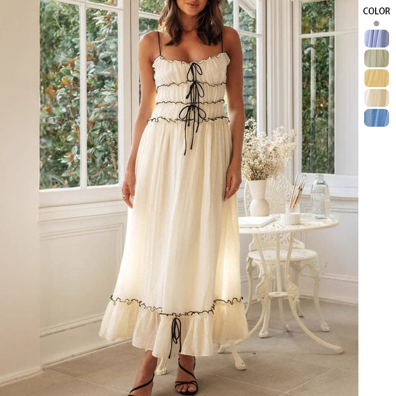 Ladies' maxi dress with ruffle details and adjustable straps Lune London