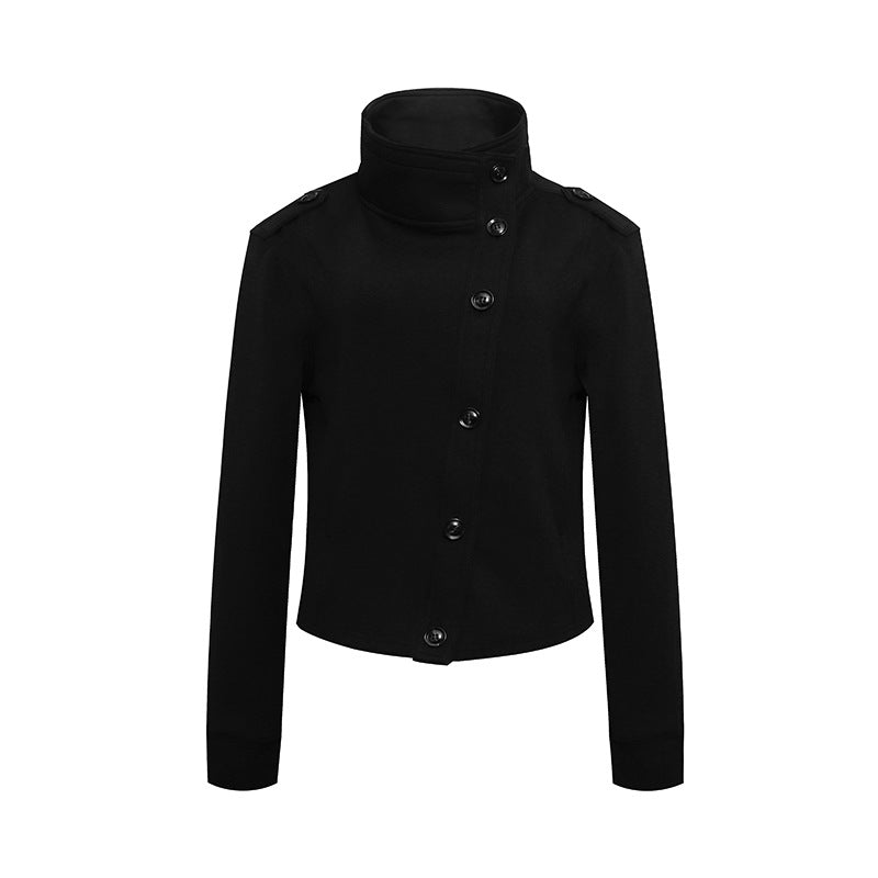Ladies Short Wool Look Military Jacket with Standing Collar and Asymmetric Button Placket Amarae