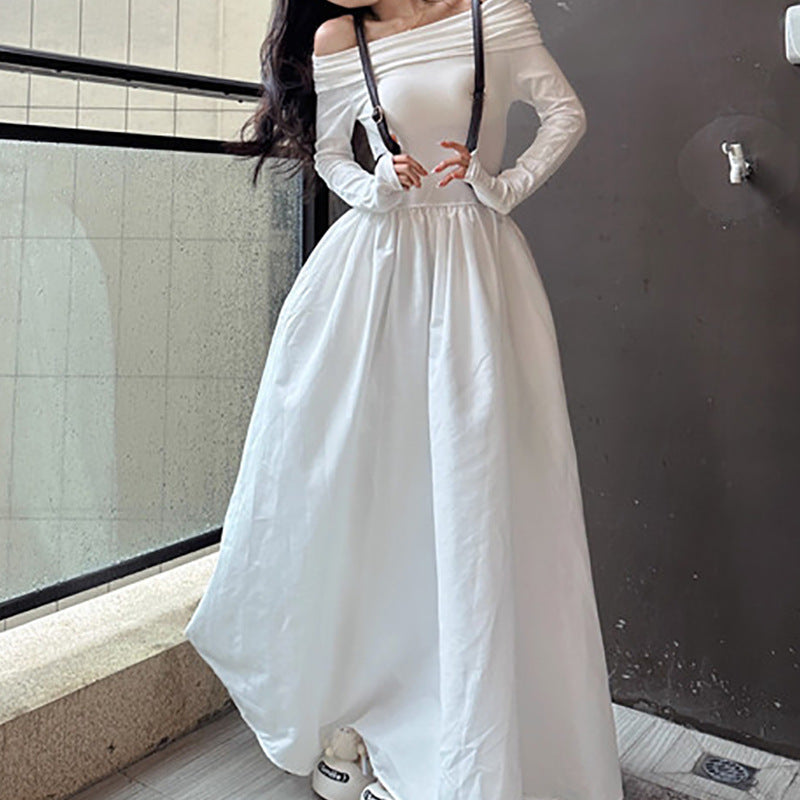 Women's elegant off-shoulder maxi dress with modern strap details Lune London