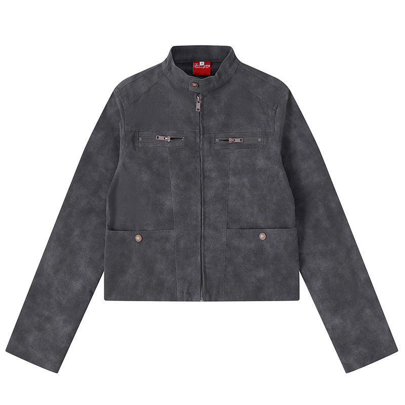 Women's short cut biker jacket in suede look with stand-up collar and chest zipper Amarae