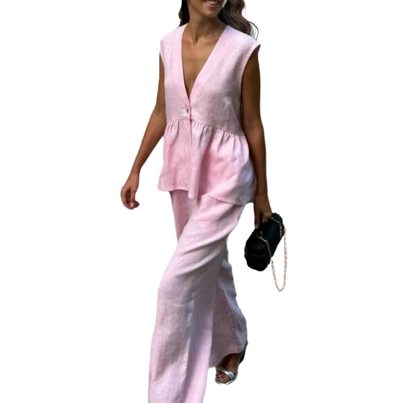 Ensemble pour femme en lin léger avec un décolleté en V profond et des jambes larges Chic & Stil