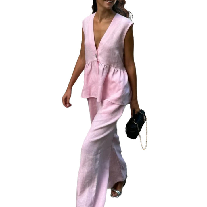 Ensemble pour femme en lin léger avec un décolleté en V profond et des jambes larges Chic & Stil