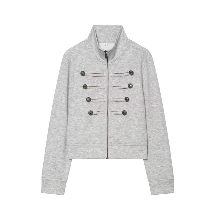 Women's Cropped Sweat Jacket with Stand-Up Collar and Military Decorative Button Rows Amarae