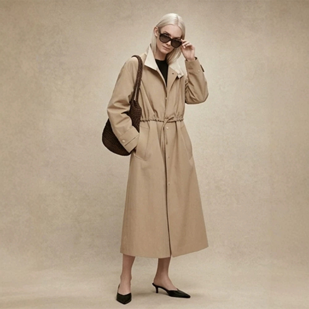 Women Tailored Coat in Trenchcoat Style with Drawstring Waist and Contrast Collar Amarae
