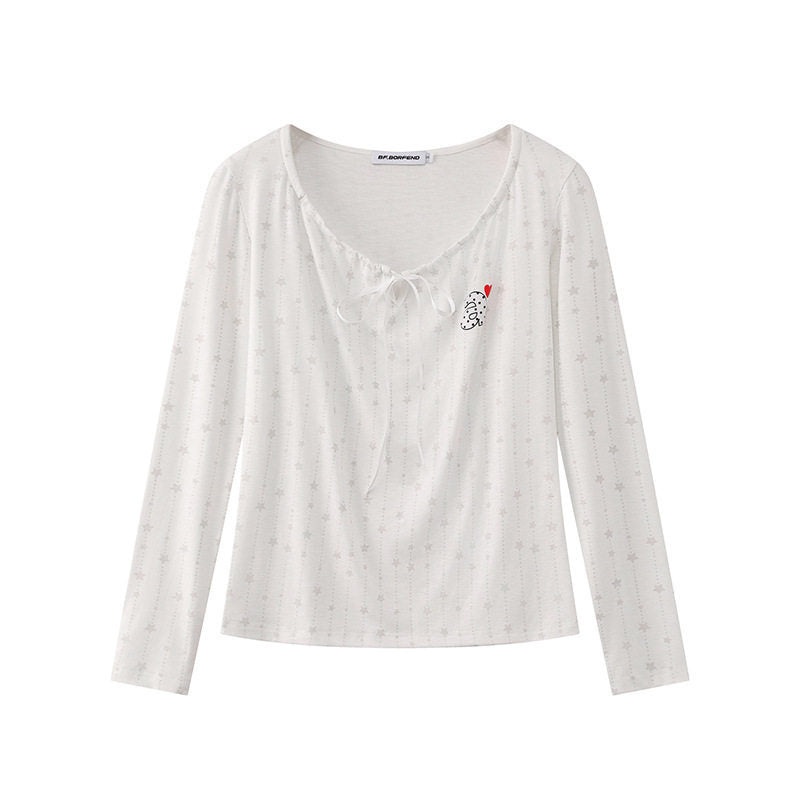 Women's long-sleeve shirt with lacing at the neckline, fine star jacquard, and heart emblem Amarae