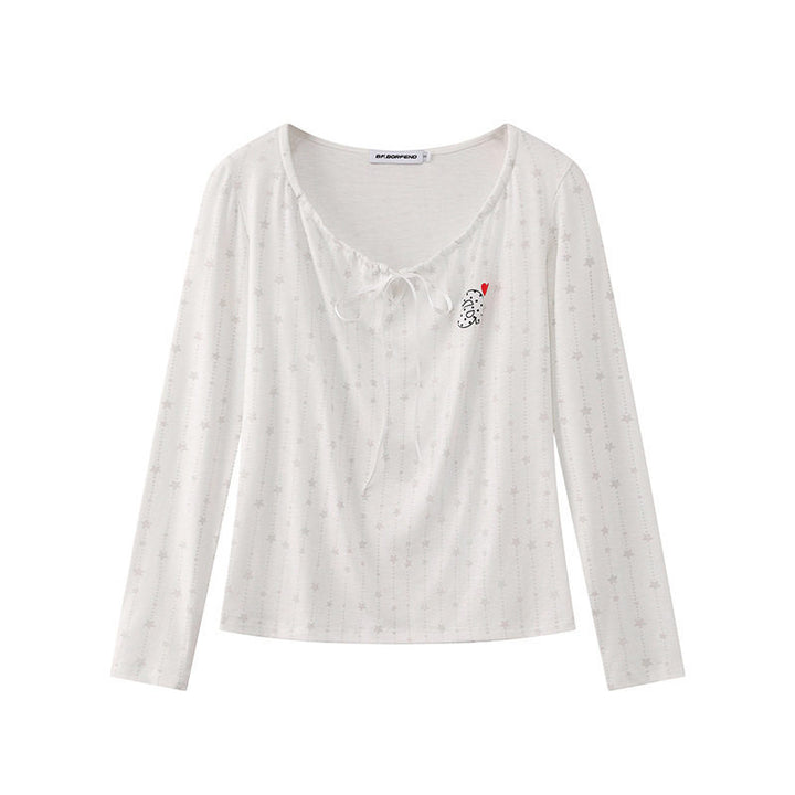 Women's long-sleeve shirt with lacing at the neckline, fine star jacquard, and heart emblem Amarae