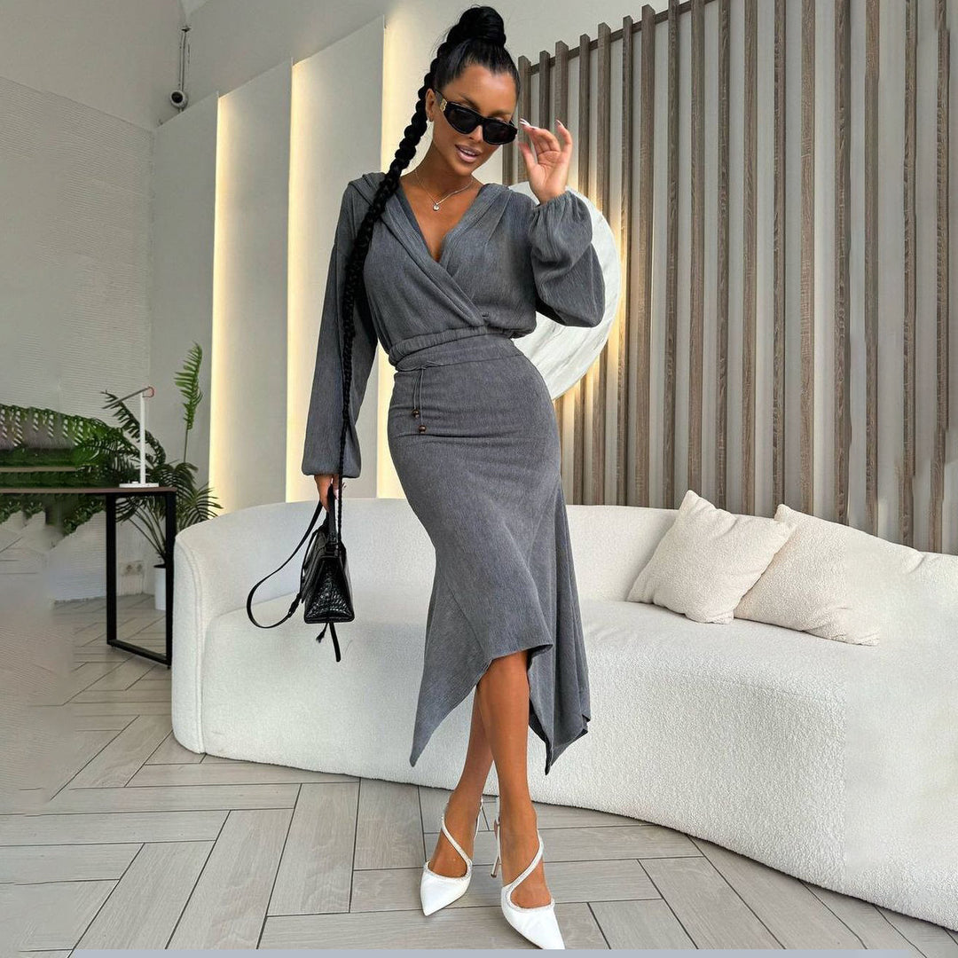 Asymmetrical hem wrap dress for women with elegant puff sleeves Lune London