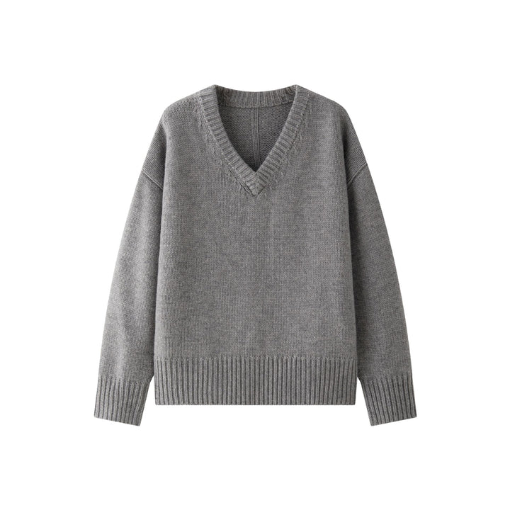 Women's Chunky Knit V-Neck Sweater with Oversized Cut and Wide Ribbed Hem