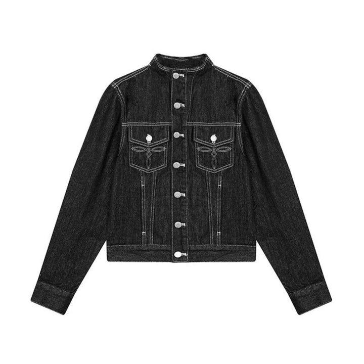 Women Tailored Denim Jacket with Stand-Up Collar, Decorative Seams and Metal Button Closure Amarae