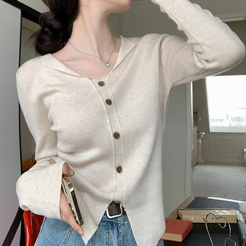 Women's Long Sleeve Cardigan with Button Placket and Fine Knit