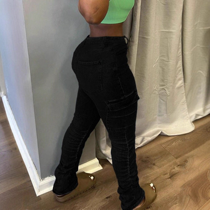 Women's High-Waisted Cargo Jeans with Slim Fit and Gathered Leg Hems Amarae