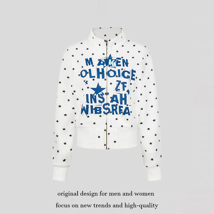 Women's Short Zipper Sweat Jacket with Stand-Up Collar, Allover Star Print and Statement Front Print Amarae