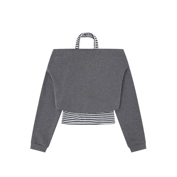 Women's Cropped Layered Hoodie with Integrated Striped Under-Shirt, Hood and Casual Raglan Cut