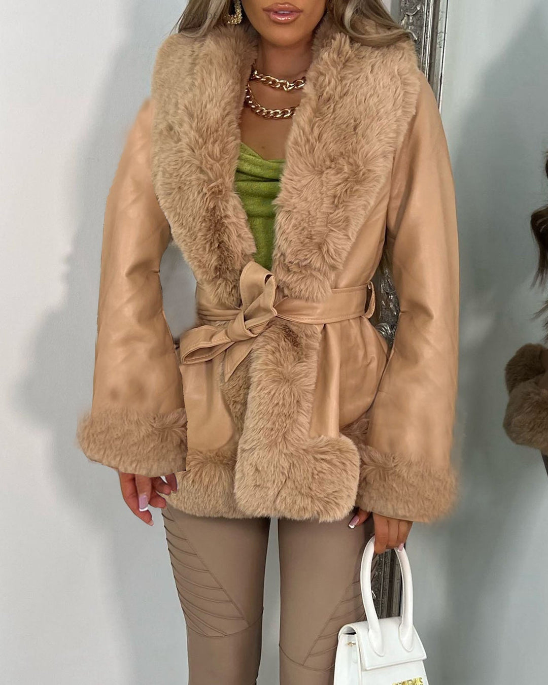 Amarae | Fur Collar Lacing At The Waist Stitched Pu Leather Jacket