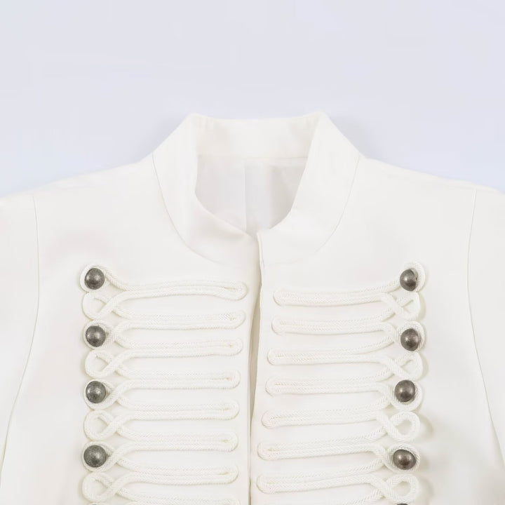 Women Short Cut Military Blazer with Stand Collar, Decorative Cords and Structured Silhouette Amarae