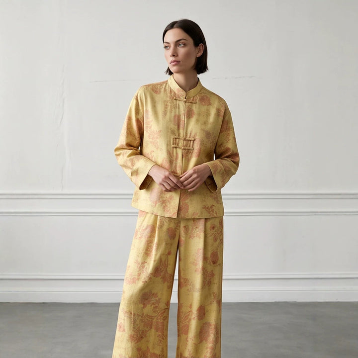 Womens Two-Piece Jacquard Set with Mandarin Collar and Wide Cut Trousers Amarae
