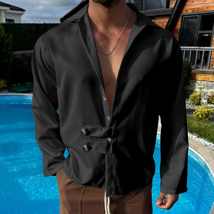 Men's elegant long sleeve blouse with shawl collar and button details Amarae