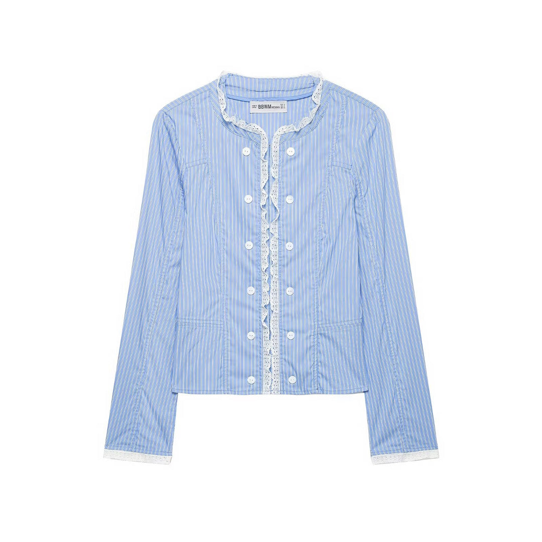 Women's short jacket in blouse style with lace trim and double button placket Amarae