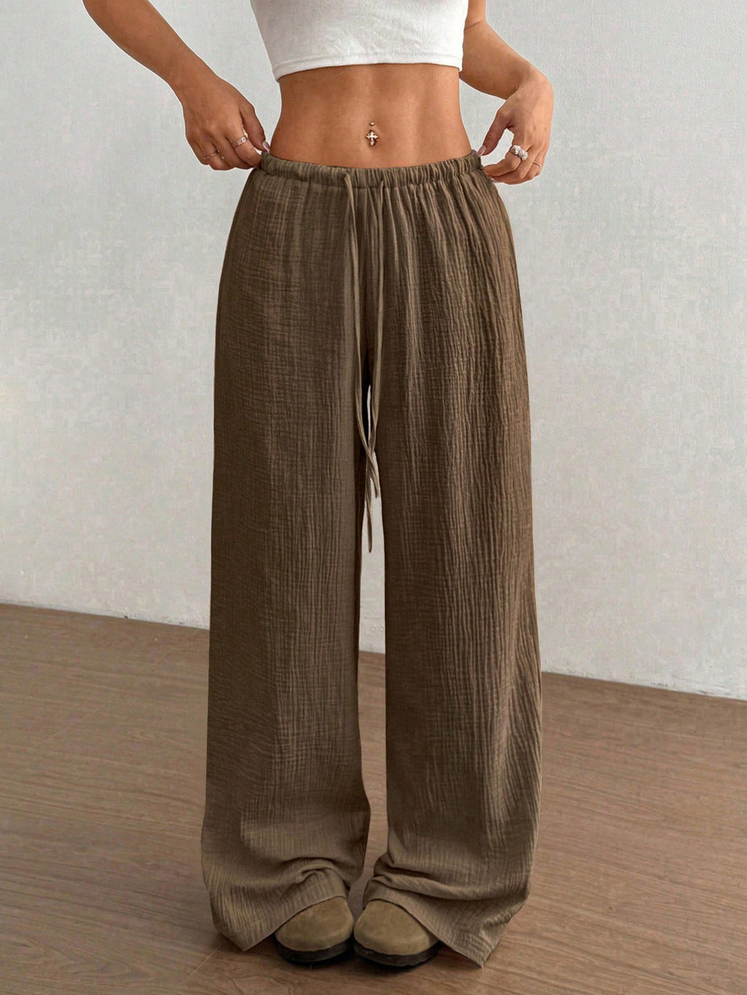 Women Lightweight Linen Look Pants with Wide Leg, Elastic Waistband and Drawstring Amarae