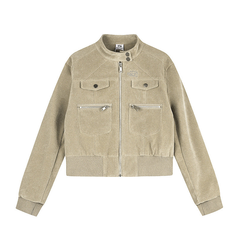 Women's Short Cut Velvet Velour Bomber Jacket with Stand-up Collar and Multifunctional Pockets Amarae