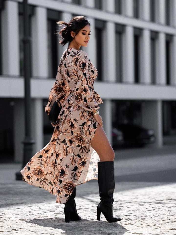 Maxi wrap dress for women with fixed waist belt and refined ruffled sleeves Lune London