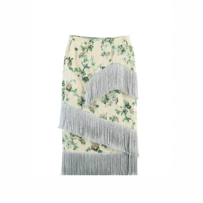 Ladies Floral Printed Midi Skirt with Diagonal Fringe Trim and Slim Silhouette Amarae