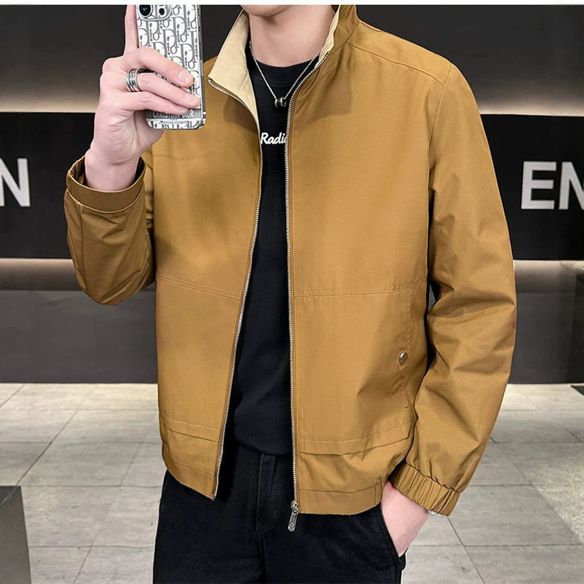 Men's Minimalistic City Zip Jacket made of microfiber with stand-up collar, concealed pockets, and elastic hem Amarae