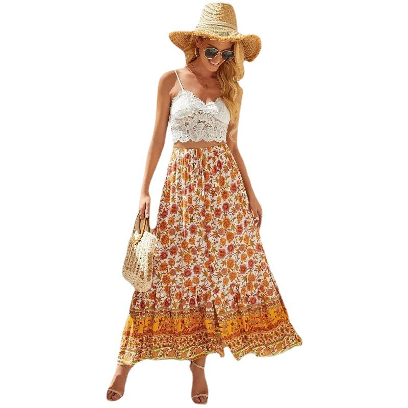 Summer dresses for women long, floral with elastic waist and ruffle finish Lune London