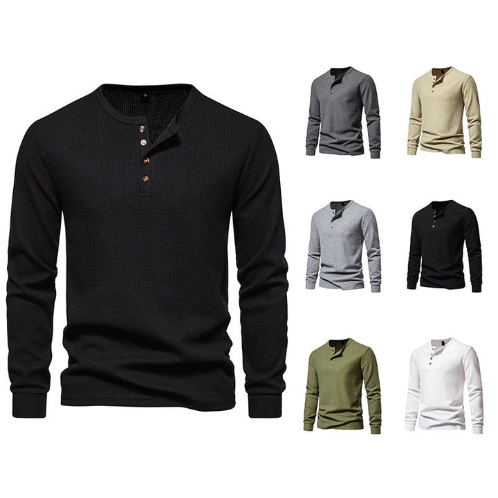 Men's Long Sleeve Henley Shirt with Textured Surface Pattern and Practical Button Details Amarae
