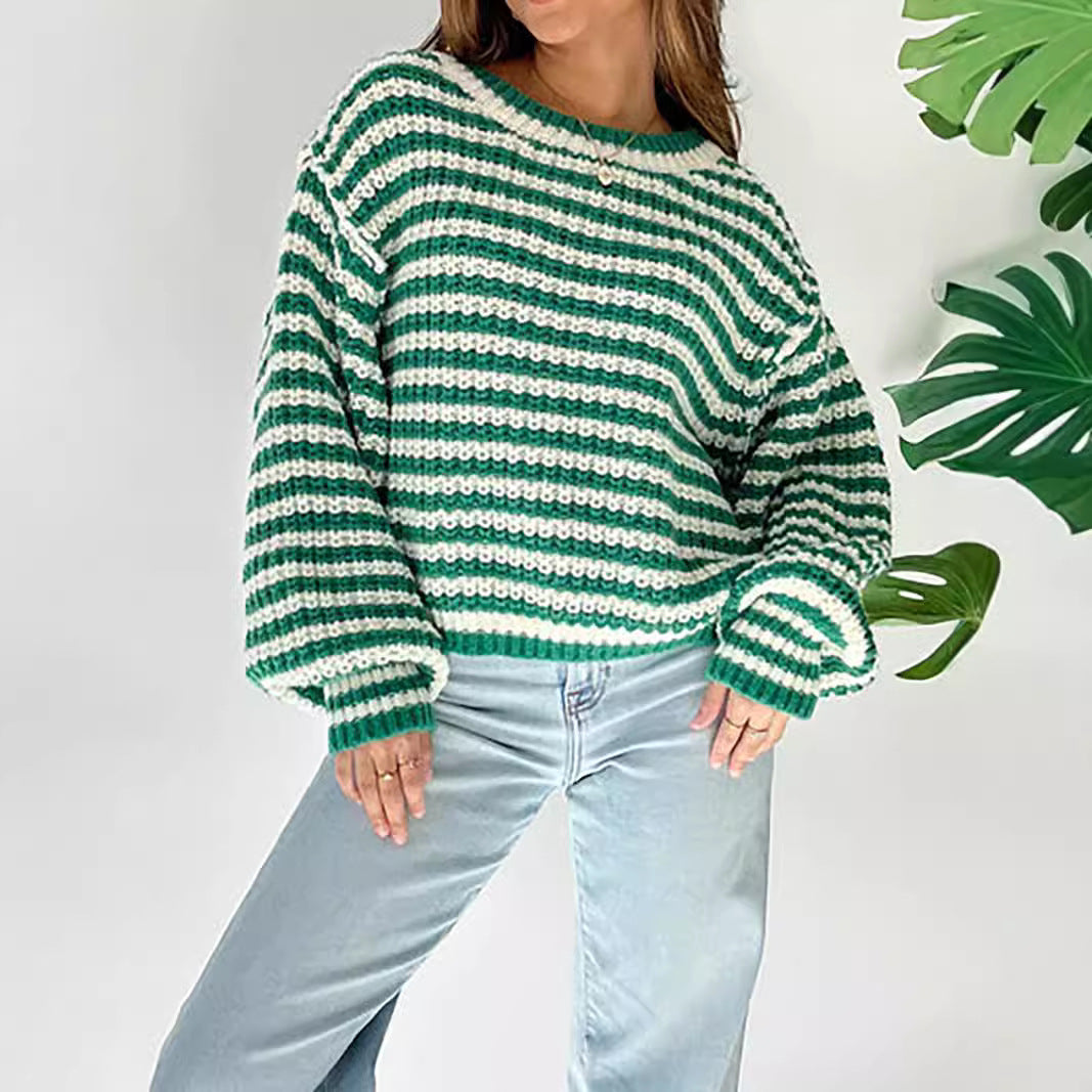 Women Short Knit Sweater with Flared Sleeves and a Chic and Stylish Striped Pattern