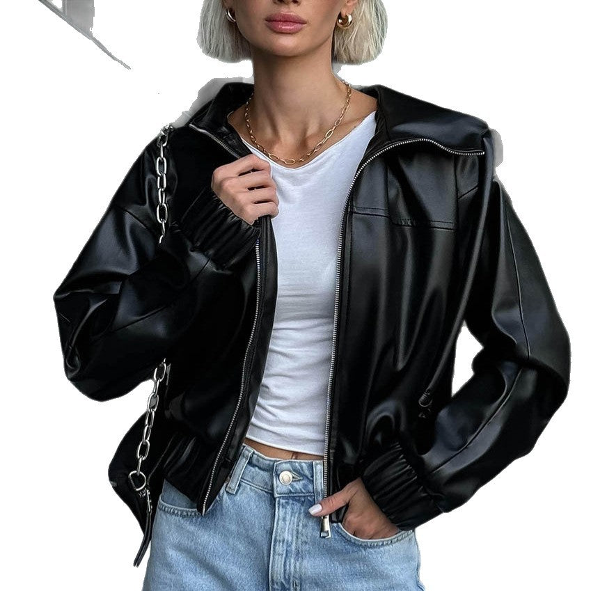 Trendy faux leather jacket for women with hood and elastic belt Lune London
