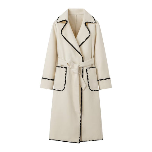 Manteau long élégant pour femmes avec piping contrasté et ceinture à la taille Chic & Stil