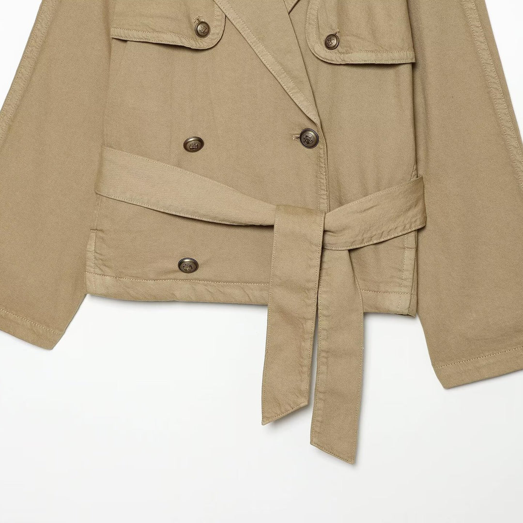 Women Cropped Trench Cape Jacket with double-breasted button placket, shoulder patches and tie belt Amarae