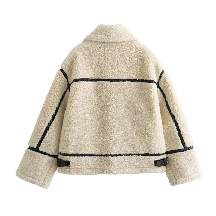 Ladies Oversize Teddy Jacket in Aviator Look with Contrast Seams and Webbing Details Amarae