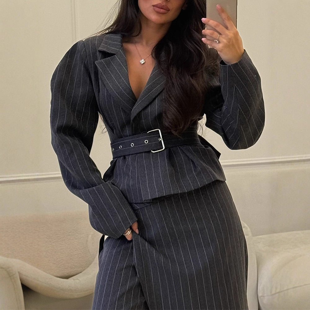 Women's Tailored Pinstriped Blazer with Shoulder-Emphasizing Balloon Sleeves and Waist Belt Amarae