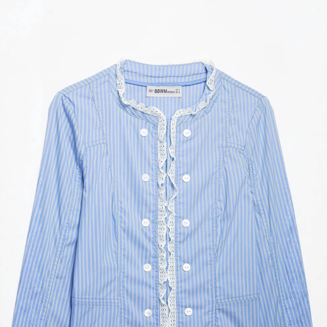 Women's short jacket in blouse style with lace trim and double button placket Amarae