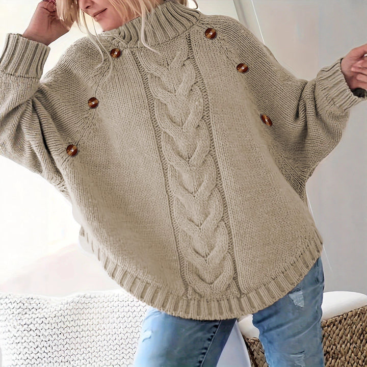 Chunky knit sweater for women with high neck and decorative buttons Lune London
