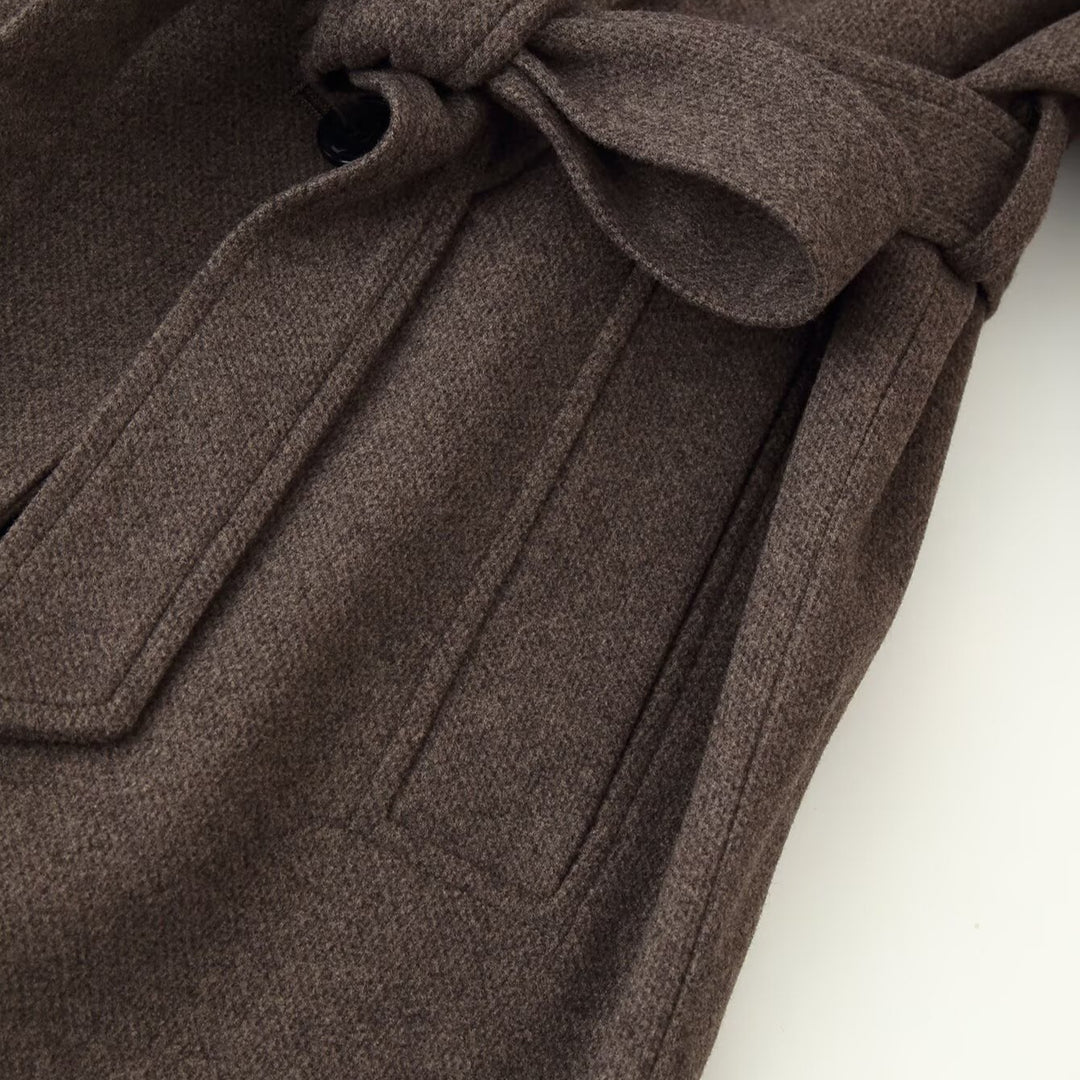 Ladies Mid-length Wool Blend Coat with Stand Collar, Asymmetric Button Placket and Waist Belt Amarae
