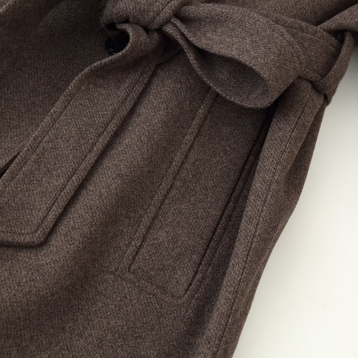 Ladies Mid-length Wool Blend Coat with Stand Collar, Asymmetric Button Placket and Waist Belt Amarae