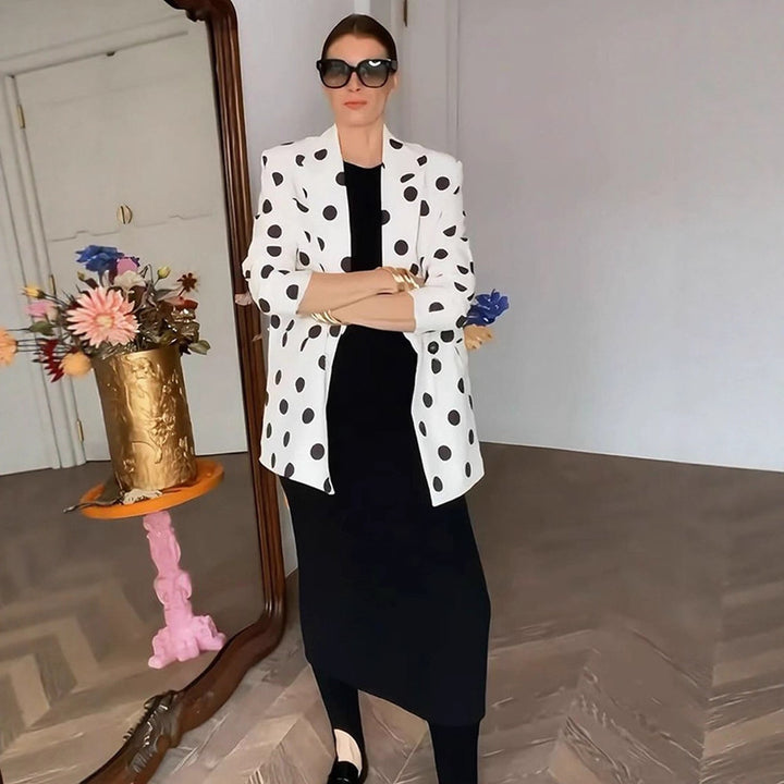 Women Polka Dot Long Blazer with Structured Shoulder and Oversized Cut Amarae