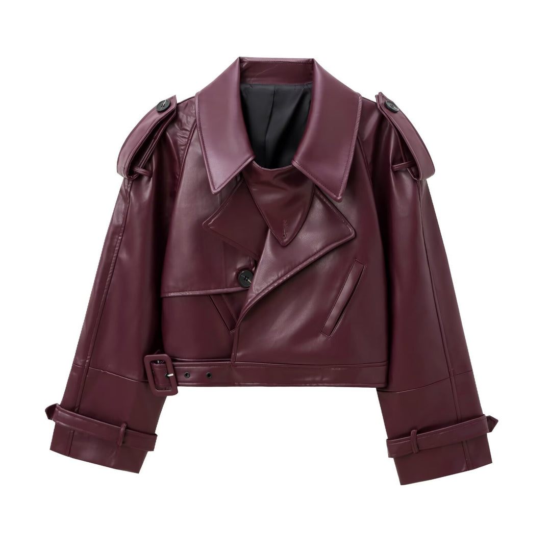 Cropped leather jacket for women with an elegant design featuring a wide lapel and practical pockets Lune London