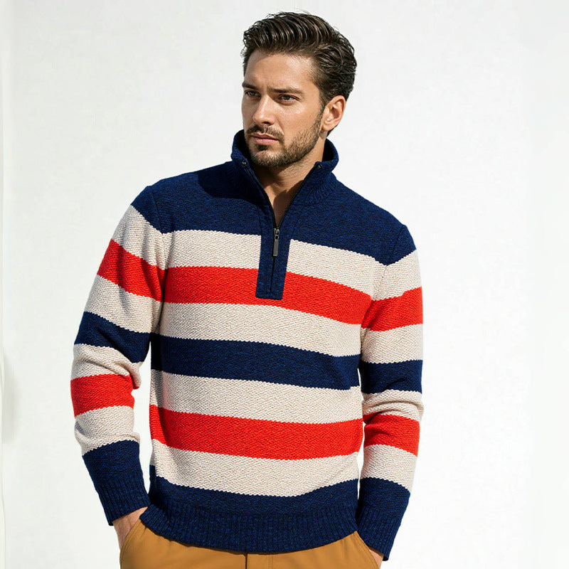 Modern knitted sweater for men with half zipper and block stripes Lune London