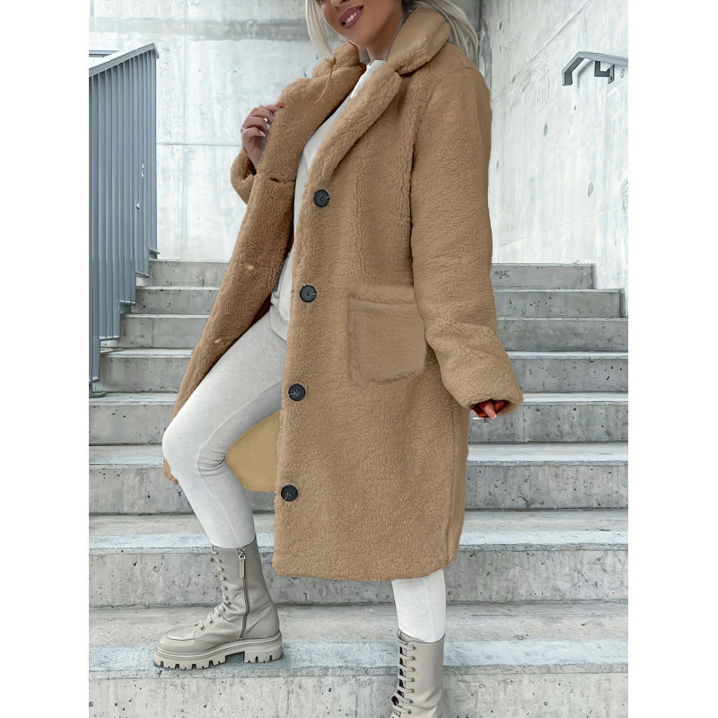 Ladies Cozy Fleece Coat with Pockets and Button Closure Lune London
