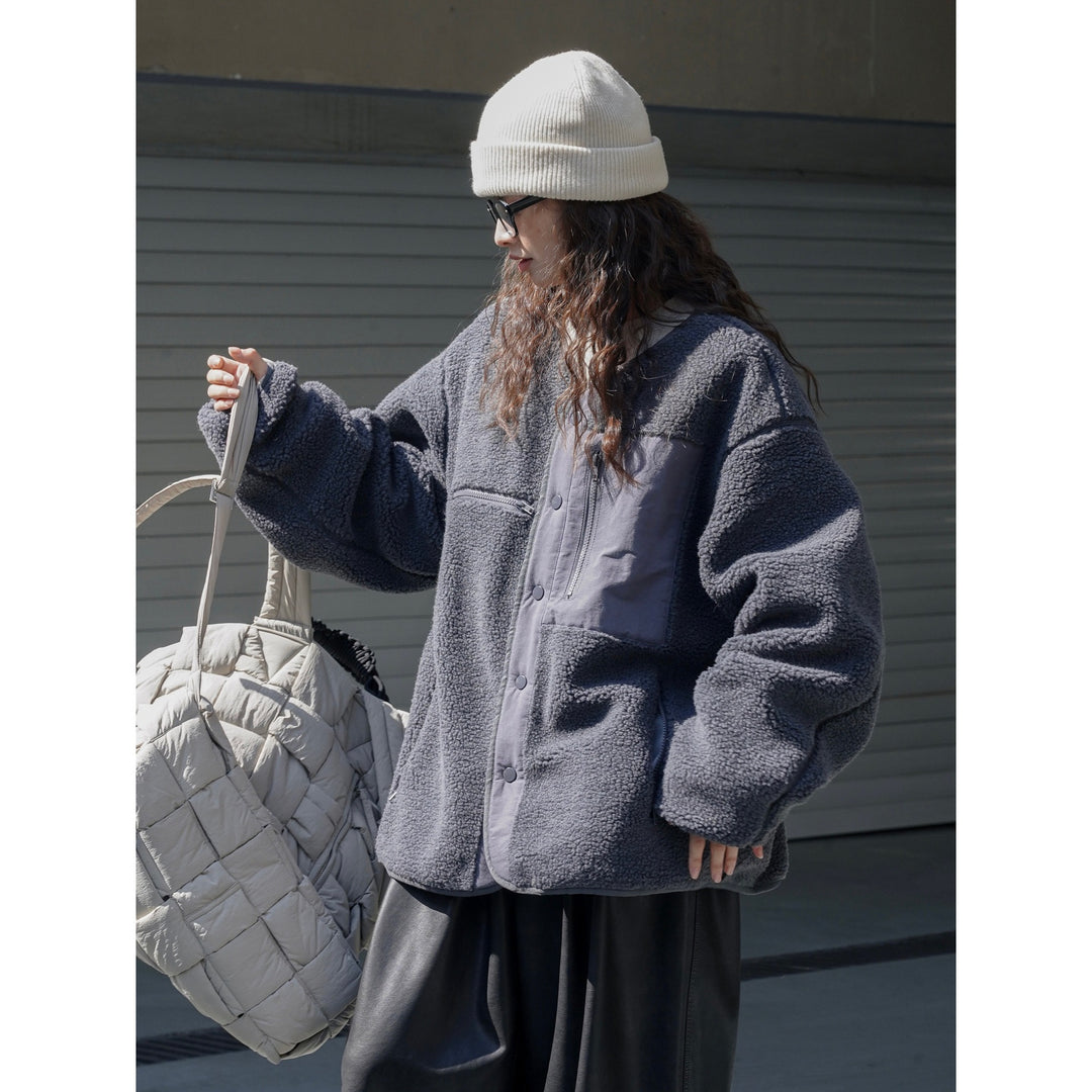 Women's Padded Teddy Fleece Jacket with Contrasting Front Panel and Patch Pockets Amarae