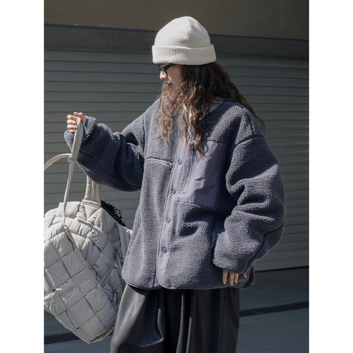 Women's Padded Teddy Fleece Jacket with Contrasting Front Panel and Patch Pockets Amarae