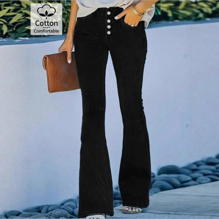 Ladies high-waisted flare jeans with decorative button placket and sculpting fit Amarae