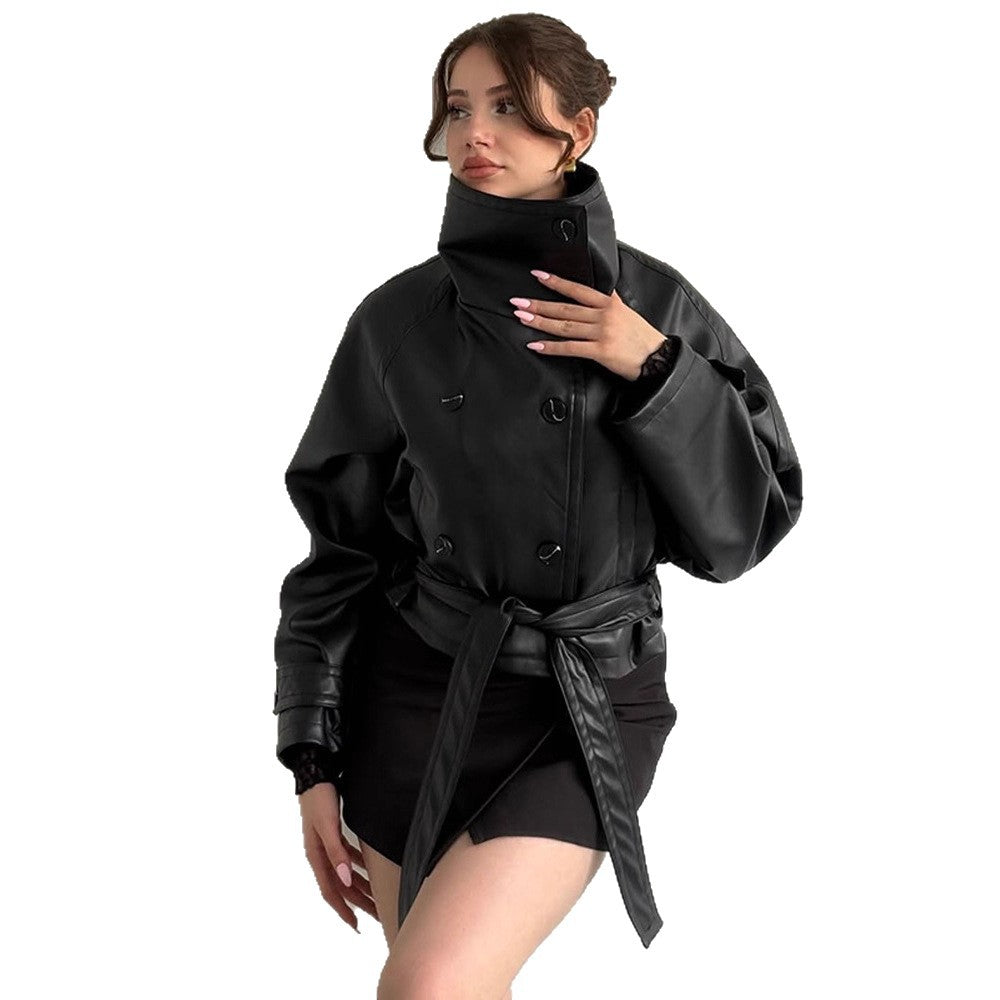 Women Tailored Short Blouson Jacket made of Imitation Leather with High Stand-up Collar and Ties Belt Amarae